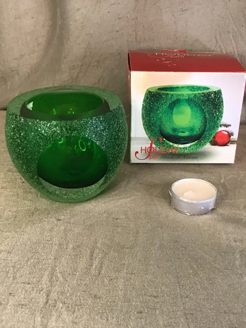 NWT- MCM “Geode” Green Votive Handmade Art Glass Sugared Candle Holder w/ Box